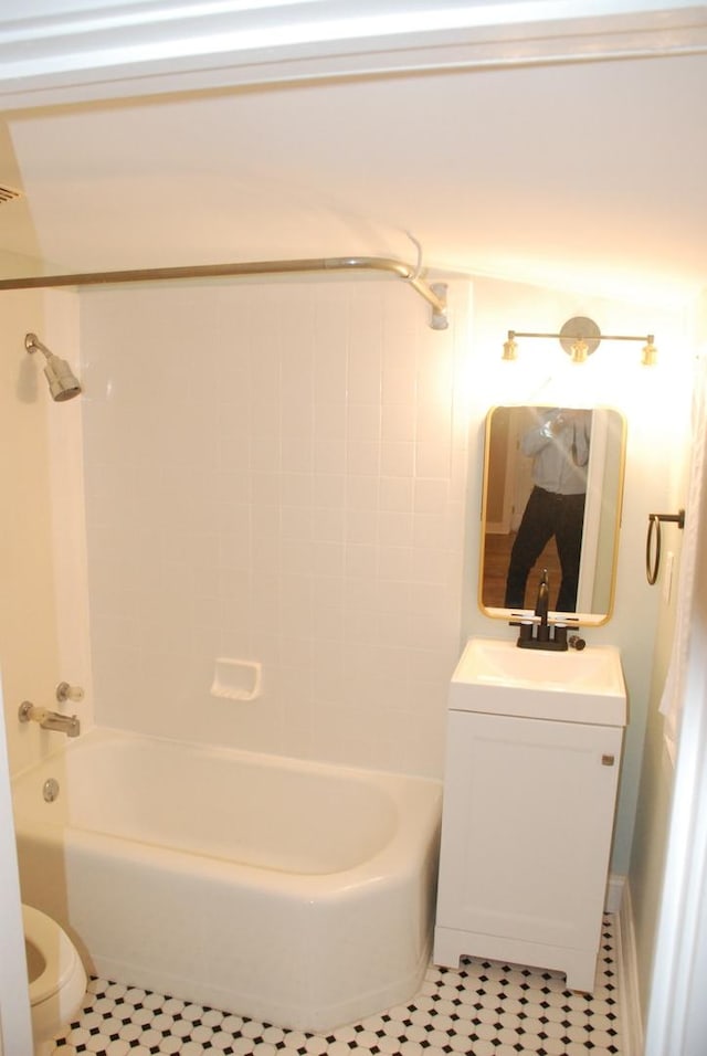 full bathroom with vanity, toilet, shower / washtub combination, and tile patterned flooring