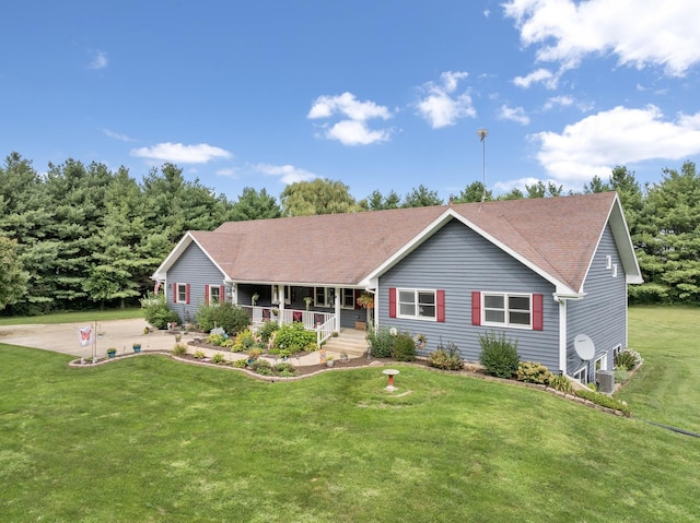 single story home with a front lawn and a porch