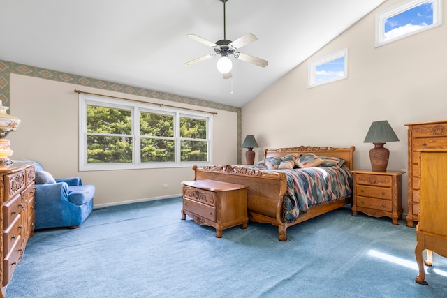 bedroom featuring ceiling fan, carpet, and lofted ceiling