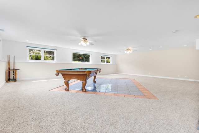 recreation room featuring billiards, ceiling fan, and light carpet