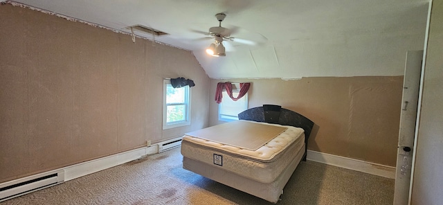 bedroom featuring ceiling fan, vaulted ceiling, carpet floors, and a baseboard heating unit