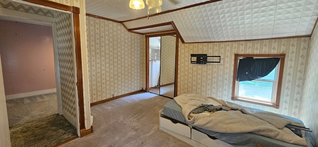 bedroom with carpet flooring and ornamental molding