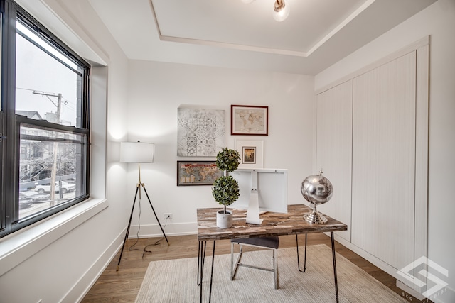 office space with light wood-type flooring and a tray ceiling