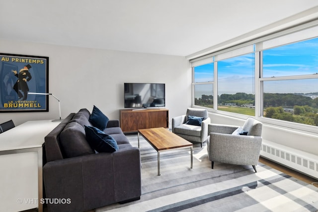 living room featuring hardwood / wood-style floors and radiator heating unit