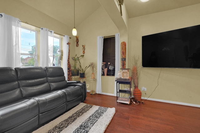 living room with vaulted ceiling and dark hardwood / wood-style flooring