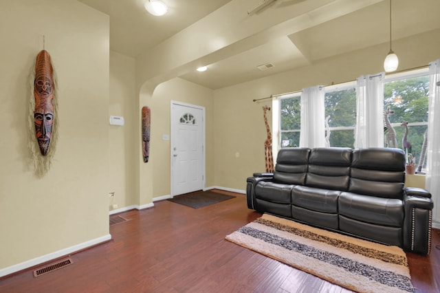 living room with dark wood-type flooring