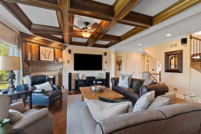 living room with ceiling fan, coffered ceiling, dark wood-type flooring, and beam ceiling