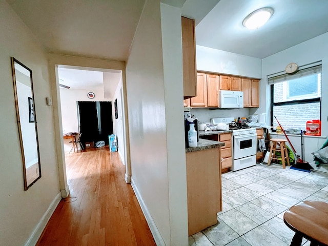 kitchen with white appliances and light hardwood / wood-style flooring