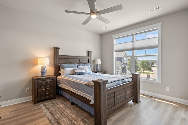 bedroom featuring ceiling fan and light hardwood / wood-style flooring