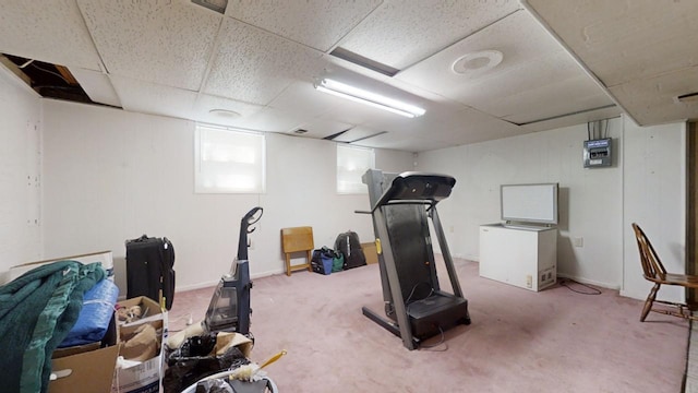 workout area with a paneled ceiling and carpet flooring