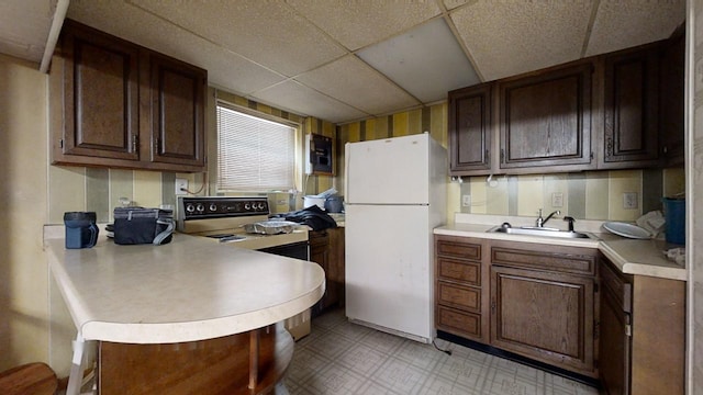 kitchen with white fridge, dark brown cabinets, kitchen peninsula, sink, and a drop ceiling