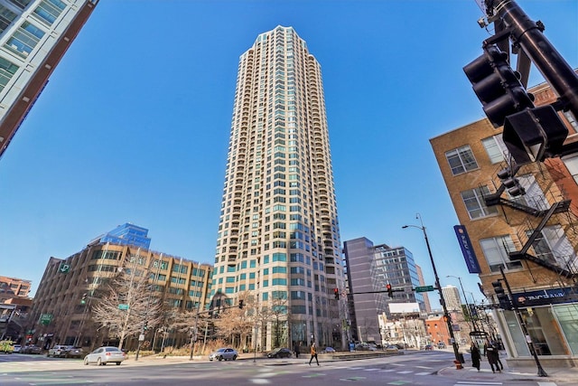 view of building exterior with a city view