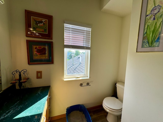 bathroom with vanity, toilet, and hardwood / wood-style floors