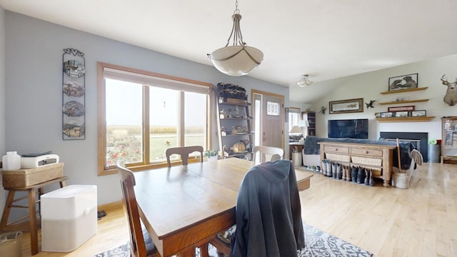 dining room with light hardwood / wood-style flooring, lofted ceiling, and a wealth of natural light