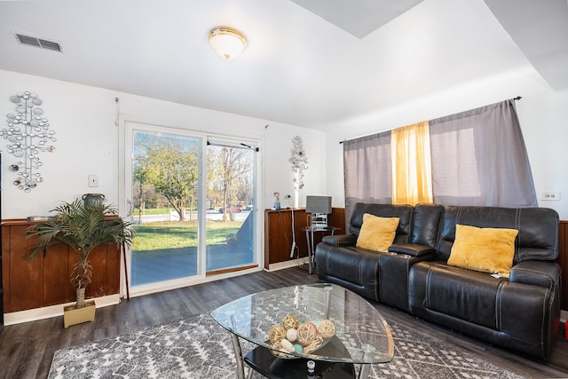 living room with dark wood-type flooring