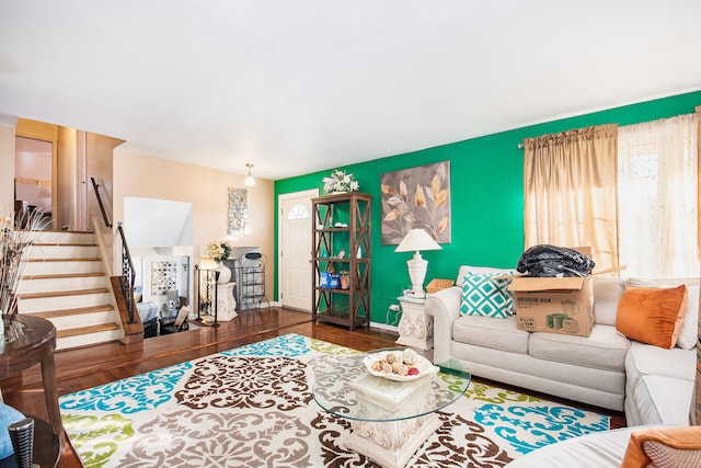 living room with dark wood-type flooring