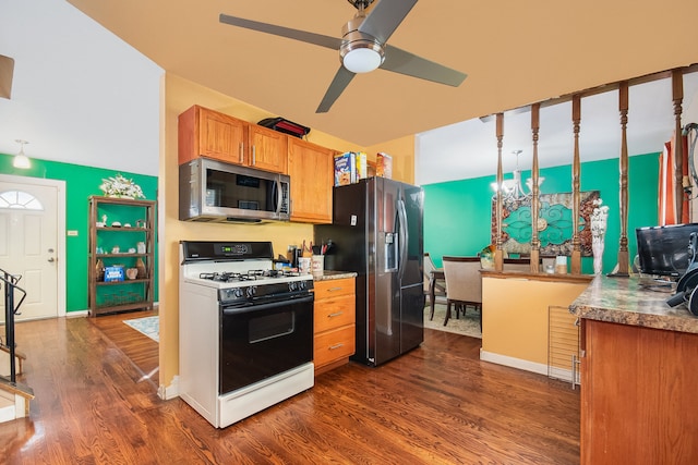 kitchen with ceiling fan with notable chandelier, dark wood-type flooring, and stainless steel appliances