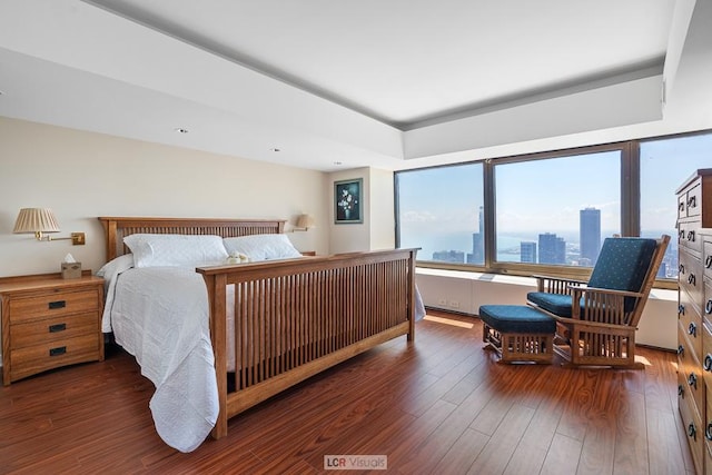 bedroom with a city view and wood finished floors