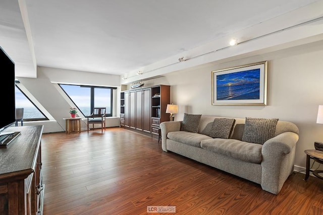 living room with wood finished floors and rail lighting