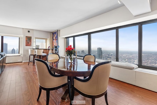 dining space featuring a city view and wood finished floors