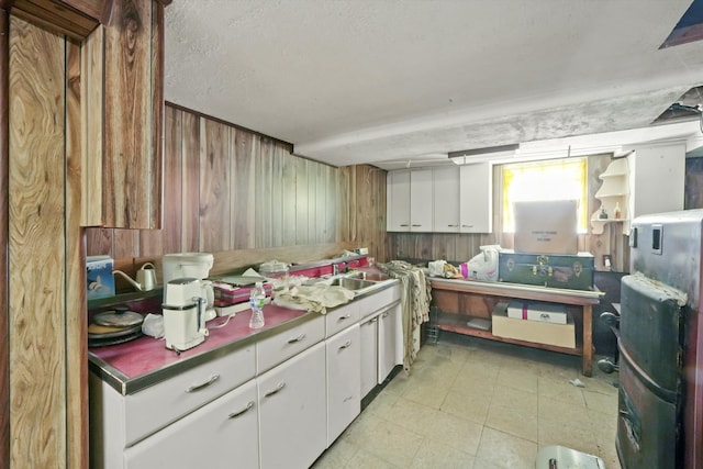 kitchen featuring white cabinets, sink, wood walls, and a textured ceiling