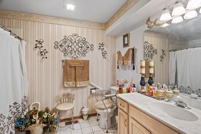 bathroom featuring vanity, wallpapered walls, curtained shower, tile patterned floors, and toilet