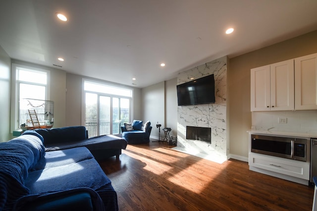 living room featuring dark hardwood / wood-style floors and a premium fireplace