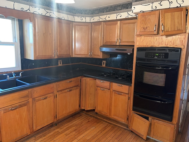 kitchen with light wood-type flooring, black appliances, and sink