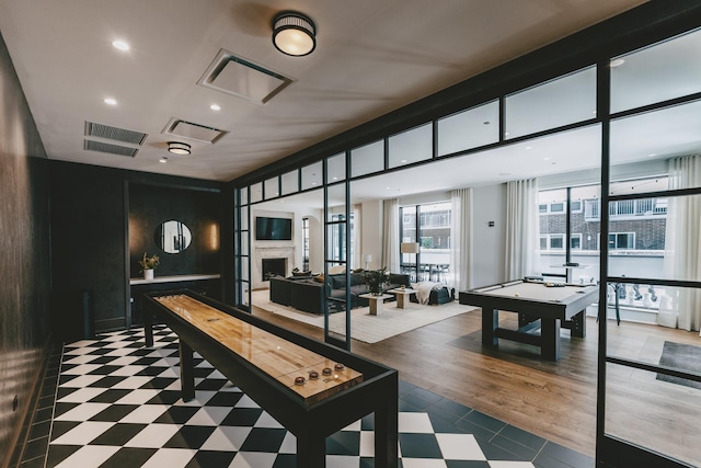 playroom featuring recessed lighting, a fireplace, visible vents, and pool table