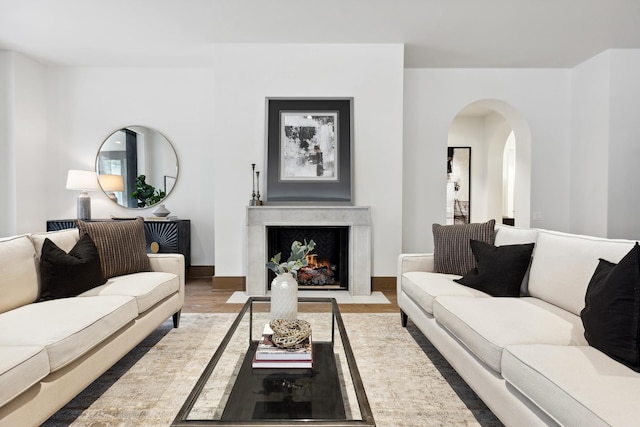 living room featuring light wood finished floors, baseboards, a premium fireplace, and arched walkways