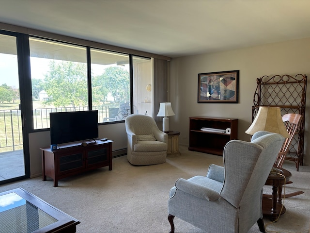 living room with a baseboard heating unit and light carpet