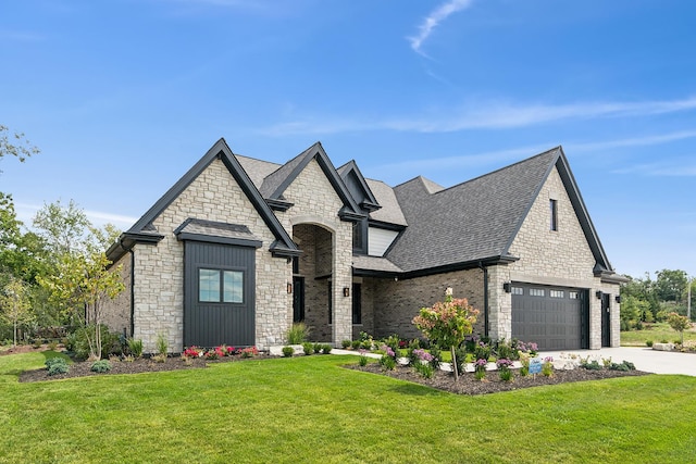 french country style house with a garage, brick siding, concrete driveway, roof with shingles, and a front yard