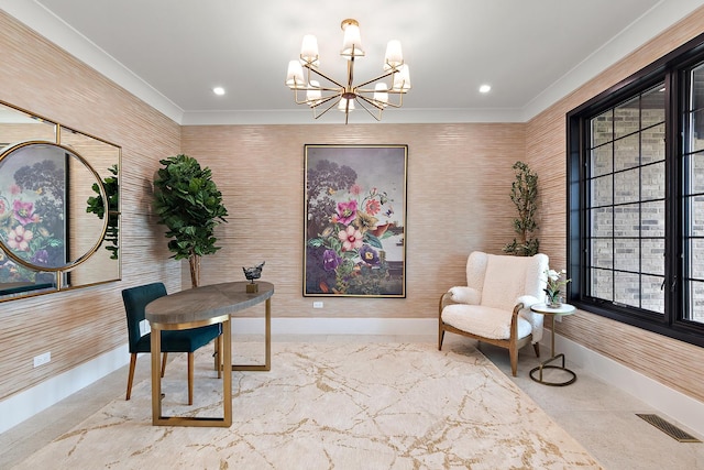 office space featuring crown molding, recessed lighting, visible vents, and baseboards