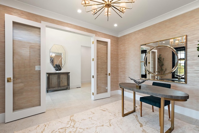 home office with recessed lighting, baseboards, a chandelier, and french doors