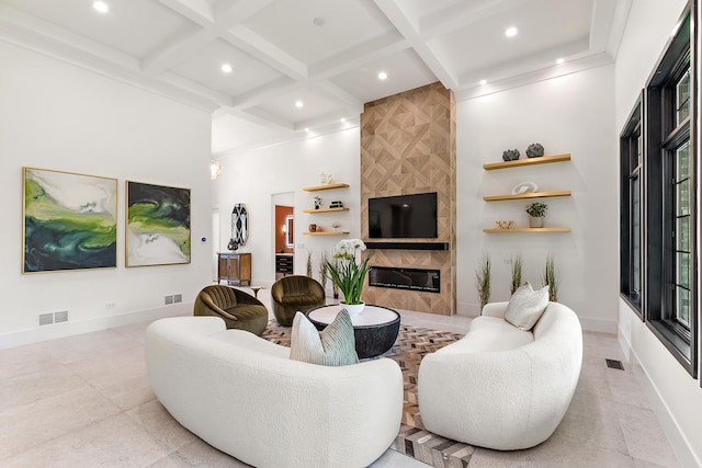 living room with beamed ceiling, coffered ceiling, a fireplace, and baseboards