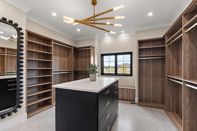 spacious closet with light tile patterned floors and a notable chandelier