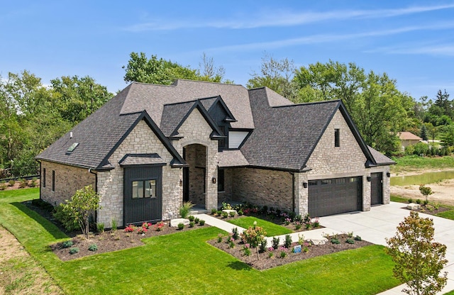 french country home with a shingled roof, driveway, and a front lawn