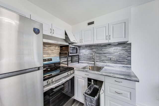 6171 N Sheridan Rd Unit 1508, Chicago, IL 60660 - kitchen with appliances with stainless steel finishes, a sink, exhaust hood, white cabinetry, and decorative backsplash