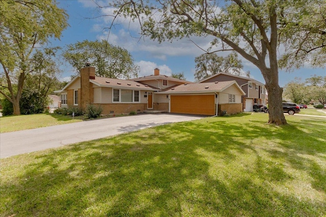 view of front facade with crawl space, a garage, a chimney, and a front yard