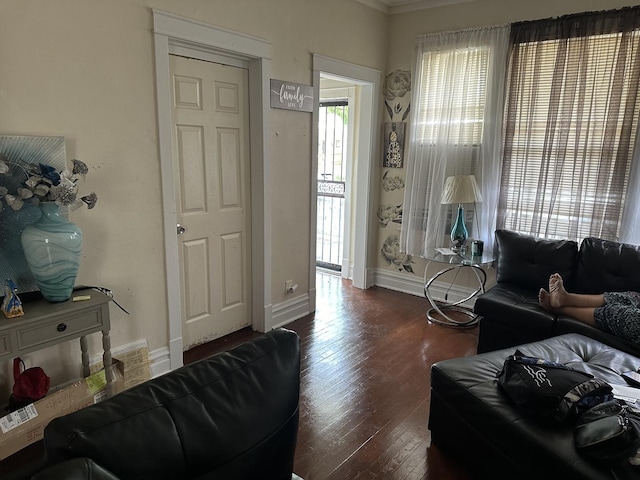 living area featuring baseboards and dark wood finished floors