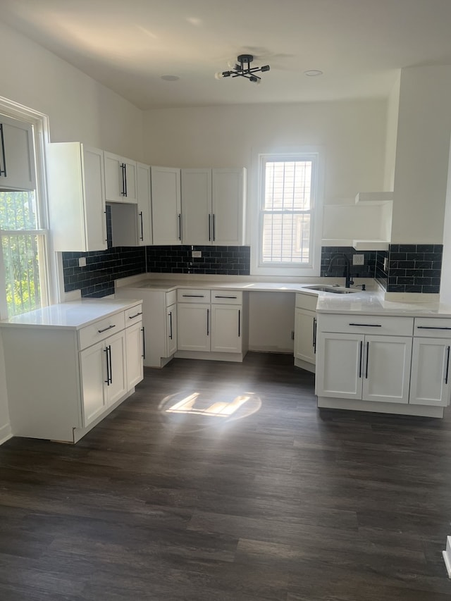 kitchen featuring decorative backsplash, white cabinets, and dark hardwood / wood-style floors