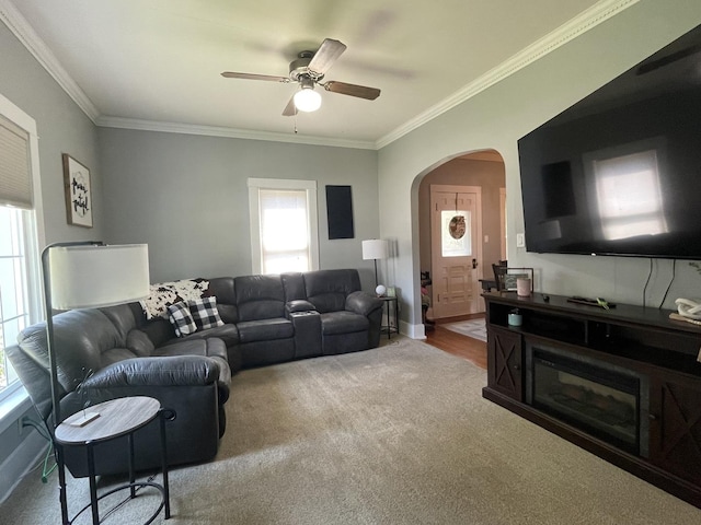 carpeted living room with arched walkways, ceiling fan, and ornamental molding