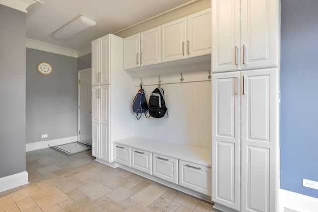 mudroom featuring ornamental molding