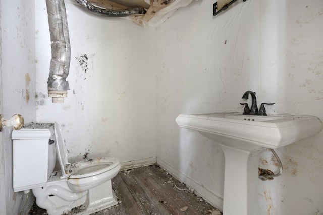 bathroom featuring toilet, sink, and wood-type flooring