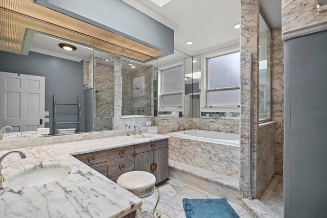 bathroom with tile patterned flooring, separate shower and tub, vanity, and ornamental molding