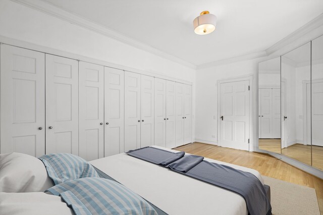 bedroom with light hardwood / wood-style floors, two closets, and crown molding