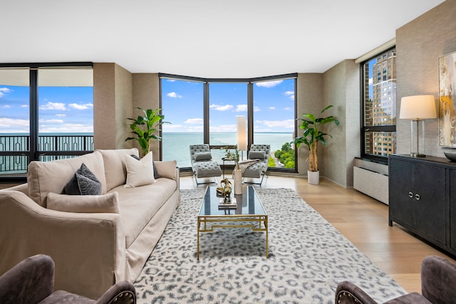 living room with a wall of windows, a water view, a healthy amount of sunlight, and light hardwood / wood-style flooring