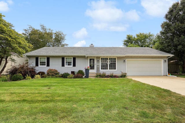 single story home with a front yard and a garage