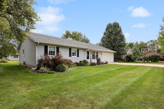 single story home featuring a garage and a front lawn