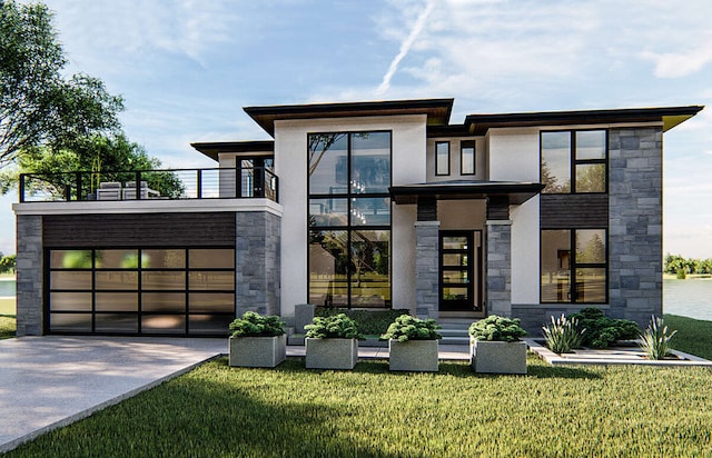 modern home with a balcony, a front yard, and a garage